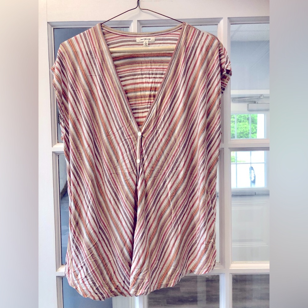 Multi-color, Stripped, Button Down, Cap Sleeve Top by Max Studio, Size Large